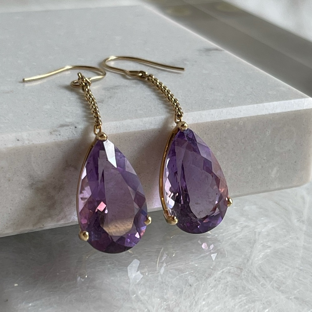 18 Karat and Amethyst Tear Drop Earrings